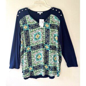 Ava James Various Sz V Neck Floral Print Blue Pullover Stretch Blouse Top